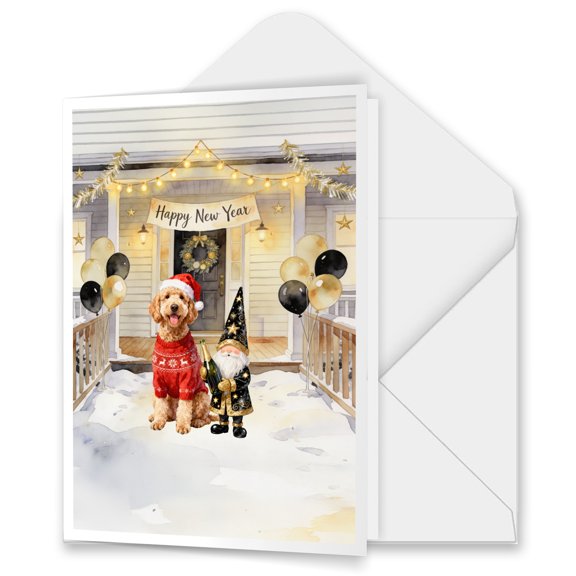 Happy New Year 2026 Goldendoodle Santa Gnome Holiday Party Snow 5x7in Folded Greeting Card Doodle Dog Lover Gifts Idea Single Note Card with Envelope - 13019