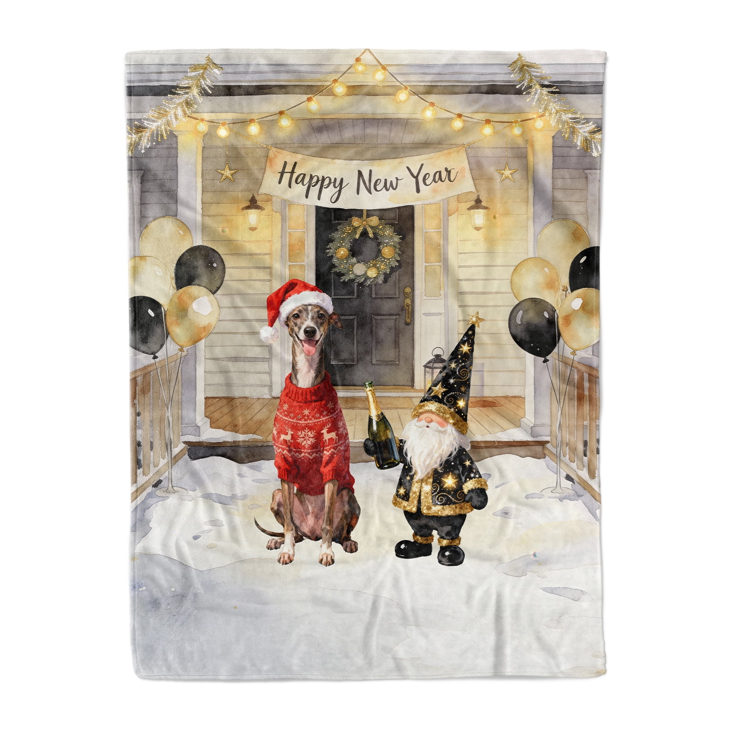 Greyhound Throw Happy New Year 2026 Italian Greyhound Santa Gnome Holiday Party Snow ...