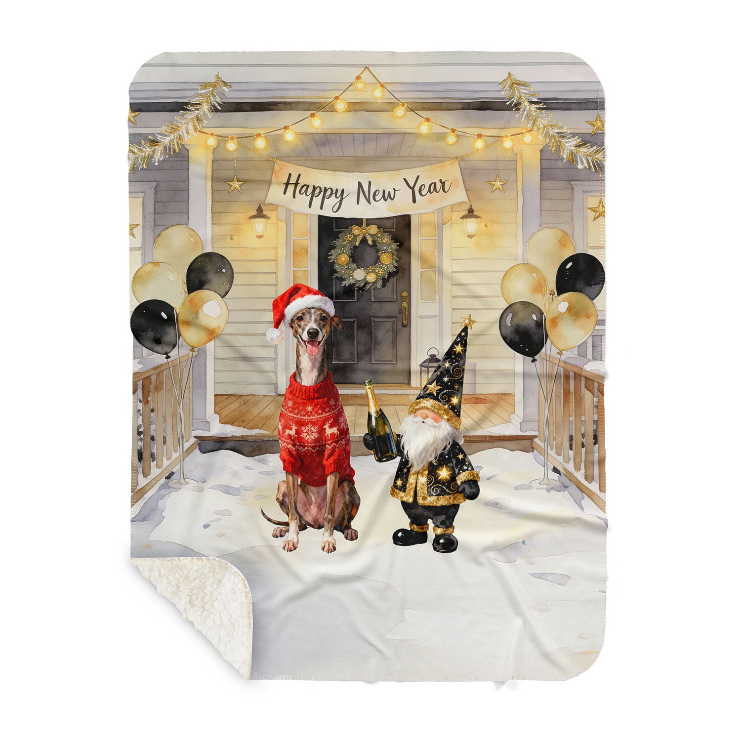 Greyhound Throw Happy New Year 2026 Italian Greyhound Santa Gnome Holiday Party Snow ...