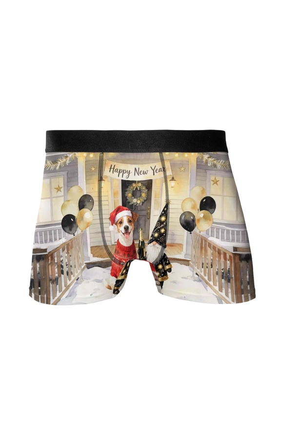 Happy New Year 2026 Jack Russell Terrier Santa Gnome Holiday Party Snow All Over Print Boxer Briefs Underwear for Men Dad Parson Jack Dog Lover - 13019