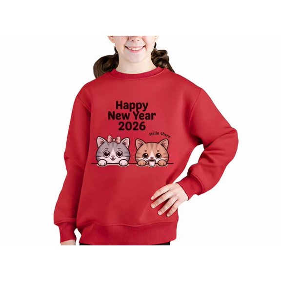 Happy New Year 2026 Kittens Youth Crewneck Sweatshirt | Hello There Cat Sweatshirts