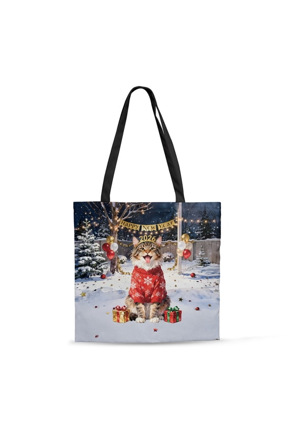 Happy New Year 2026 Maine Coon Holiday Balloons Party Snow All Over Print 3D Canvas Tote Bag Cat Lover Kitten Owner Gifts Reusable Handbag - 13018
