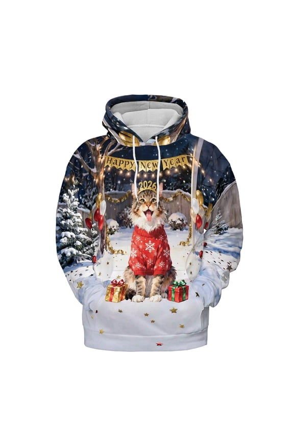 Happy New Year 2026 Maine Coon Holiday Balloons Party Snow All Over Print 3D Hoodie Unisex Merch Hoodies Cat Lover Kitten Owner Gifts - 13018