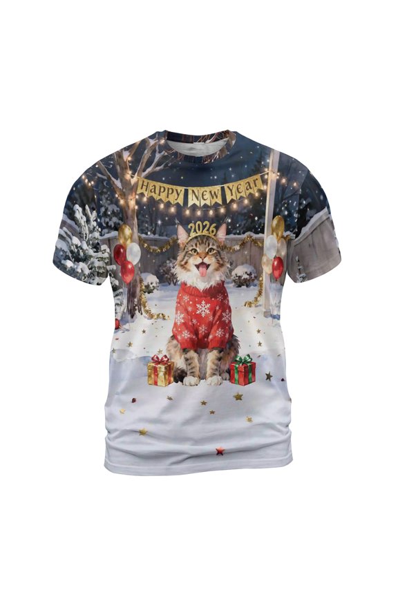 Happy New Year 2026 Maine Coon Holiday Balloons Party Snow All Over Print 3D Shirt Unisex Merch Cat Lover Kitten Owner Gifts - 13018