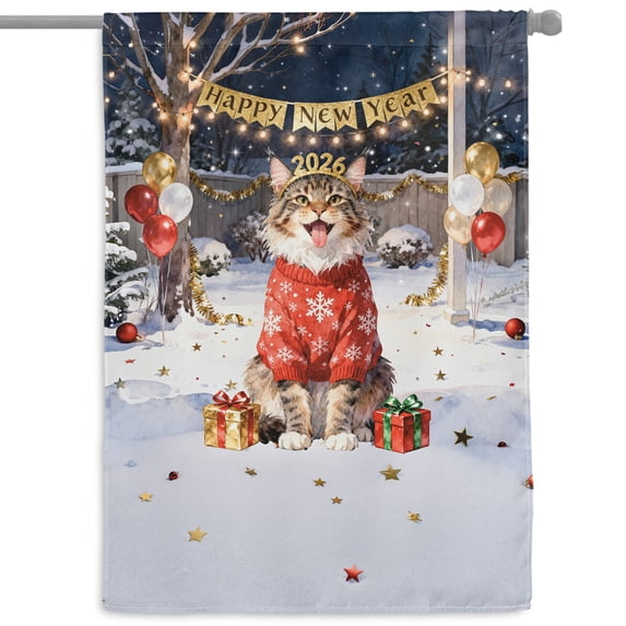 Happy New Year 2026 Maine Coon Holiday Balloons Party Snow House Flag 28x40in Double Sided Cat Lover Kitten Owner Gifts Outdoor Decor - 13018