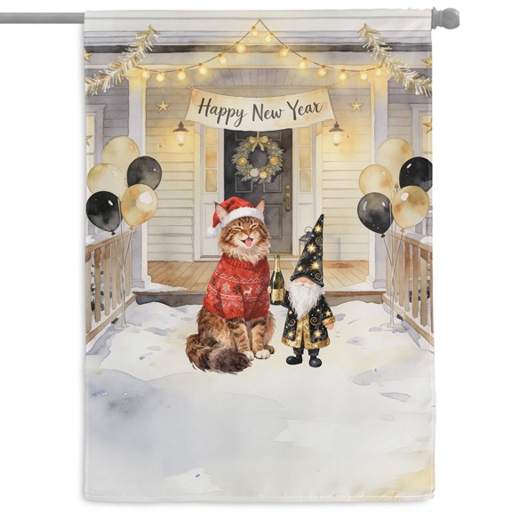 Happy New Year 2026 Maine Coon Santa Gnome Holiday Party Snow House Flag 28x40in Double Sided Cat Lover Kitten Owner Gifts Outdoor Decor - 13019