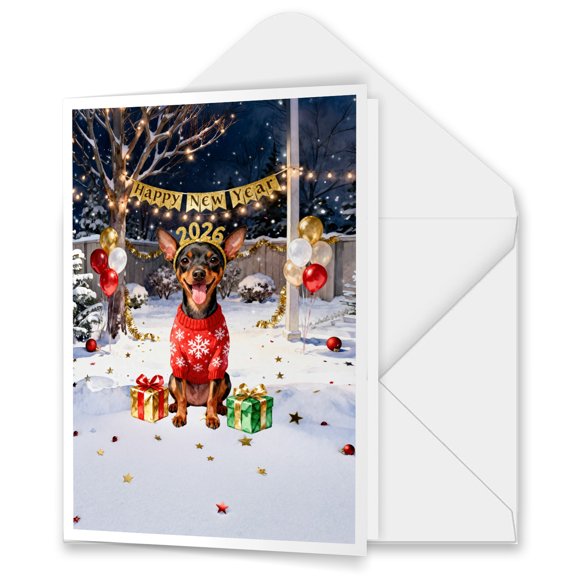 Happy New Year 2026 Miniature Pinscher Holiday Balloons Party Snow 5x7in Folded Greeting Card Mini Pin Dog Lover Single Note Card with Envelope - 13018