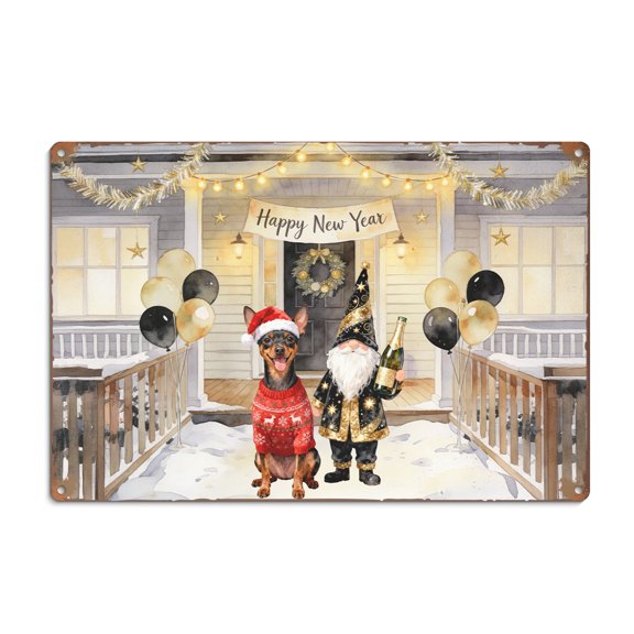 Happy New Year 2026 Miniature Pinscher Santa Gnome Holiday Party Snow Horizontal Metal Aluminum Sign Mini Pin Dog Lover Wall Art Home Decor - 13019