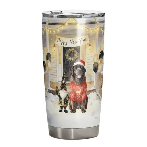 Happy New Year 2026 Newfoundland Santa Gnome Holiday Party Snow 20oz Stainless Steel Tumbler Insulated Cup with Lid Newfie Dog Lover Gifts - 13019