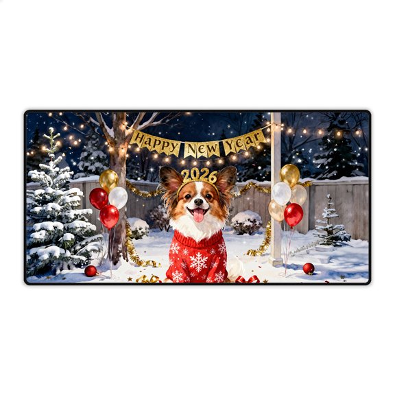 Happy New Year 2026 Papillon Holiday Balloons Party Snow Desk Mat Full Keyboard Mouse Pad Pap Butterfly Dog Lover Large Mousepad - 13018