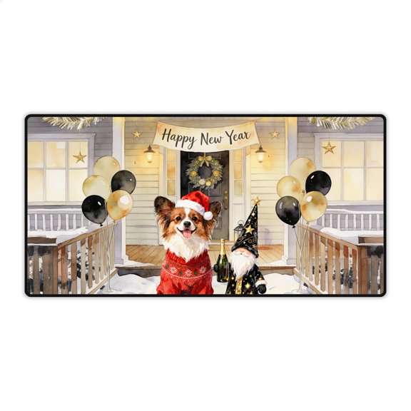Happy New Year 2026 Papillon Santa Gnome Holiday Party Snow Desk Mat Full Keyboard Mouse Pad Pap Butterfly Dog Lover Large Mousepad - 13019