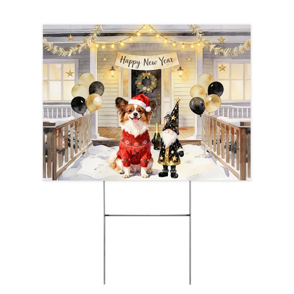 Happy New Year 2026 Papillon Santa Gnome Holiday Party Snow Yard Sign Pap Butterfly Dog Lover Outdoor Home Lawn Garden Porch Decor - 13019