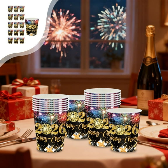 Happy New Year 2026 Party Tableware Set, 16-Piece Disposable 7"/9" Paper Plates, Cups, Tissue, Multicolor with Gold Accents, Food-Grade Paper