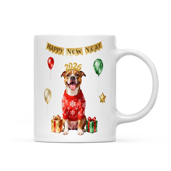 Happy New Year 2026 Pitbull Holiday Balloons Party Snow Mug Terrier Dog Lover Coffee Tea Cup - 13018
