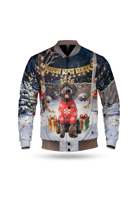 Happy New Year 2026 Portuguese Water Dog Holiday Balloons Party Snow All Over Print 3D Baseball Jacket PWD Portie Fishing Dog Lover Bomber Jacket Softball - 13018
