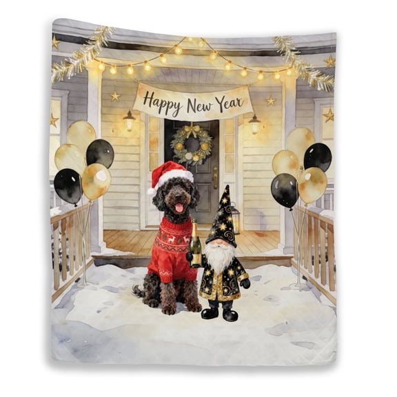 Happy New Year 2026 Portuguese Water Dog Santa Gnome Holiday Party Snow Quilt Blanket PWD Portie Fishing Dog Lover Cozy Comforter Throw Blanket - 13019