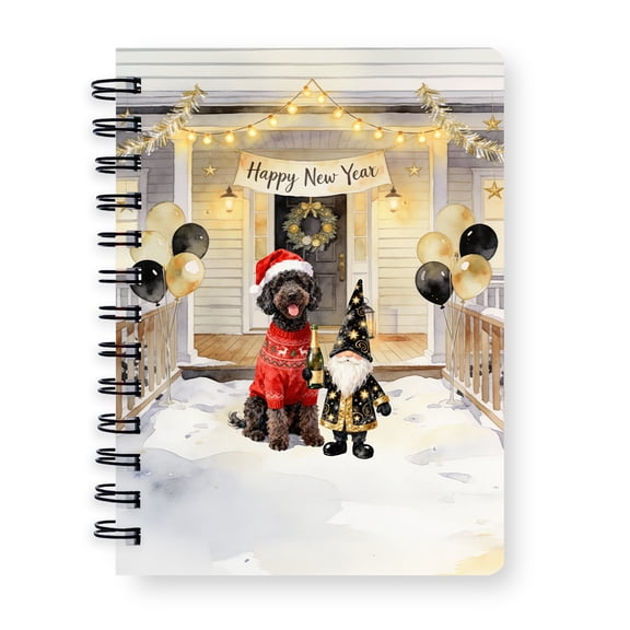 Happy New Year 2026 Portuguese Water Dog Santa Gnome Holiday Party Snow Spiral Bound Journal PWD Portie Fishing Dog Lover 5x7in Spiral Notebook - 13019