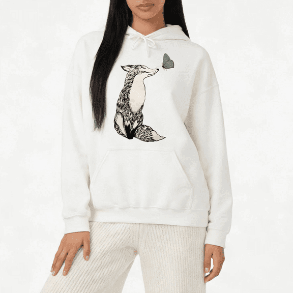 White Print Hoodie Sweatshirt Graphic Sweatshirt Fox Butterfly Minimal Style Size S-2XL Tops