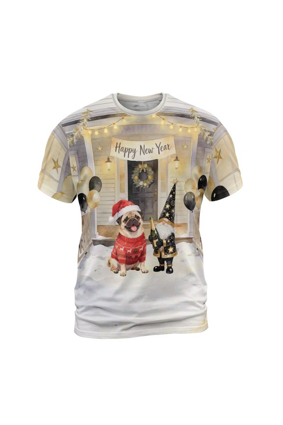 Happy New Year 2026 Pug Santa Gnome Holiday Party Snow All Over Print 3D Shirt Unisex Merch Dog Lover Gifts - 13019