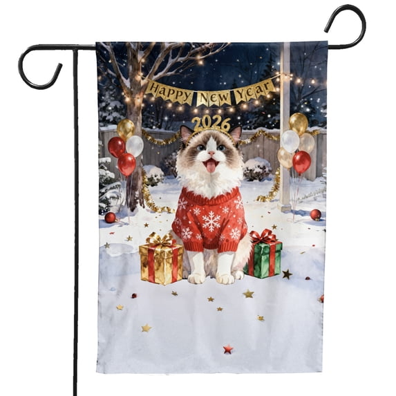 Happy New Year 2026 Ragdoll Holiday Balloons Party Snow Garden Flag 12x18in Double Sided Cat Lover Kitten Owner Gifts Idea Outdoor Decor - 13018