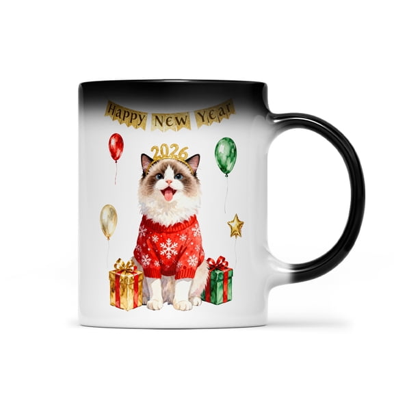 Happy New Year 2026 Ragdoll Holiday Balloons Party Snow Heat Color Changing Mug Cat Lover Kitten Owner Gifts Idea Magic Coffee Mug - 13018