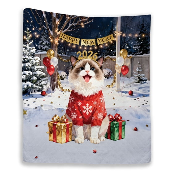 Happy New Year 2026 Ragdoll Holiday Balloons Party Snow Quilt Blanket Cat Lover Kitten Owner Gifts Idea Cozy Comforter Throw Blanket - 13018