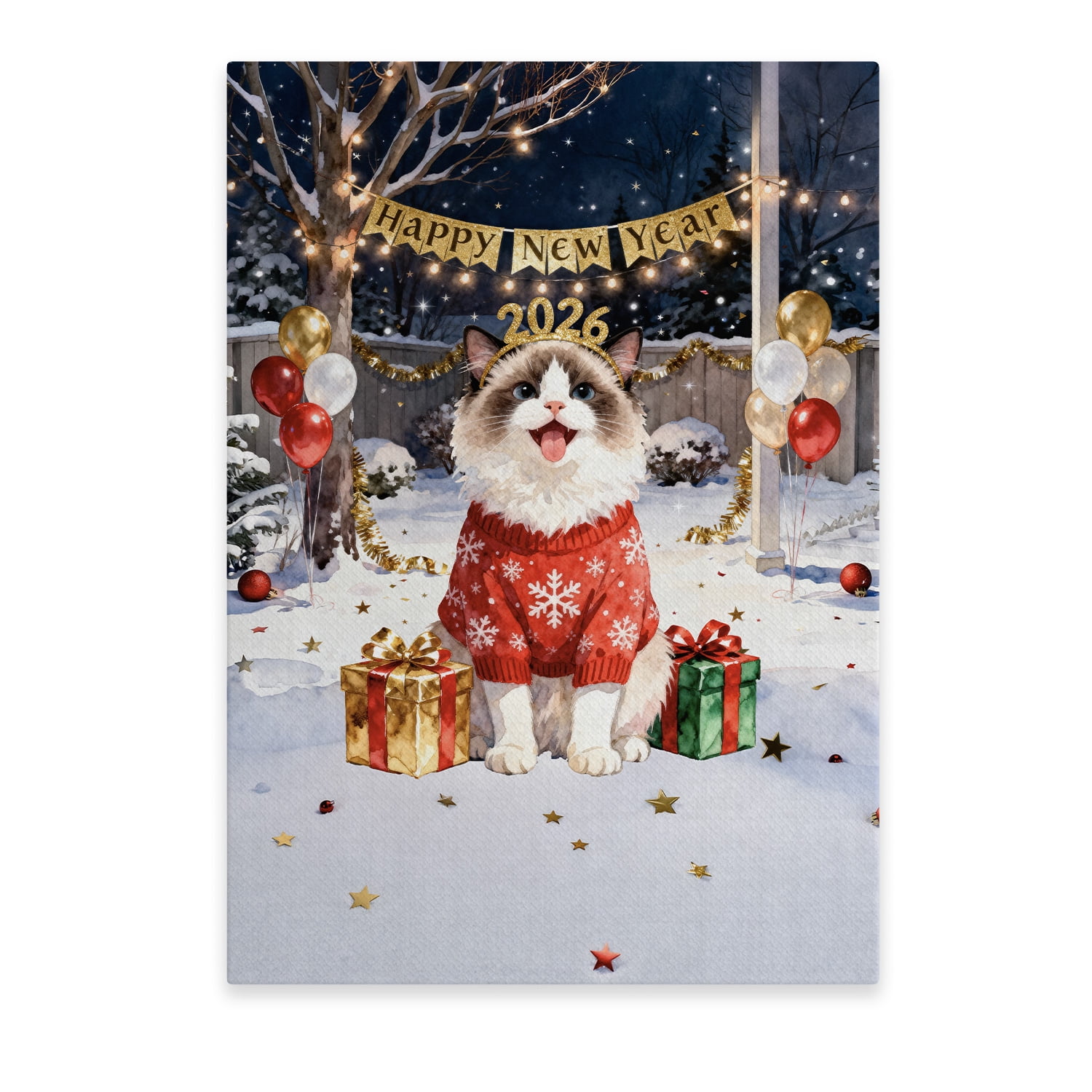 Happy New Year 2026 Ragdoll Holiday Balloons Party Snow Vertical Matte ...