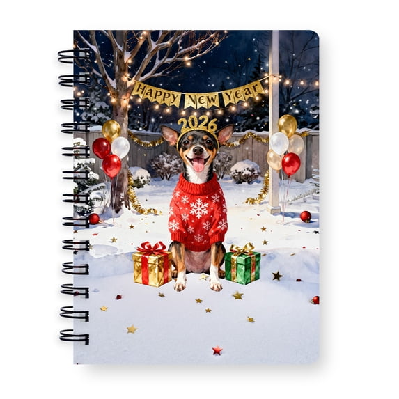 Happy New Year 2026 Rat Terrier Holiday Balloons Party Snow Spiral Bound Journal Ratty Dog Lover 5x7in Spiral Notebook - 13018