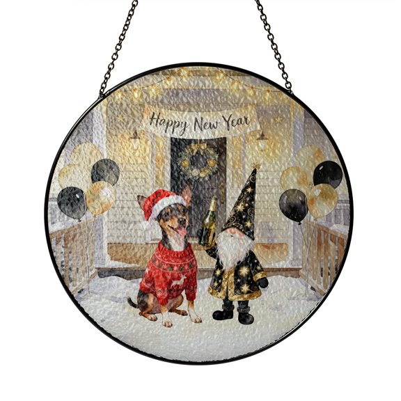 Happy New Year 2026 Rat Terrier Santa Gnome Holiday Party Snow Stained Glass Suncatcher Ratty Dog Lover Window Hanging Sign Decor - 13019