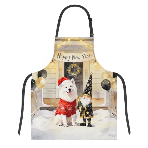 Happy New Year 2026 Samoyed Santa Gnome Holiday Party Snow Apron Siberian Sammy Dog Lover for Cooking Grilling Baking Painting Gardening - 13019