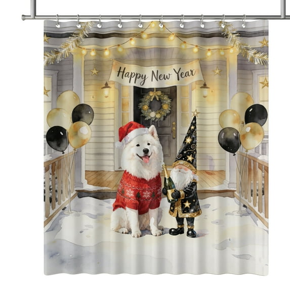 Happy New Year 2026 Samoyed Santa Gnome Holiday Party Snow Shower Curtain Siberian Sammy Dog Lover Waterproof Bathroom Bathtub Curtain - 13019