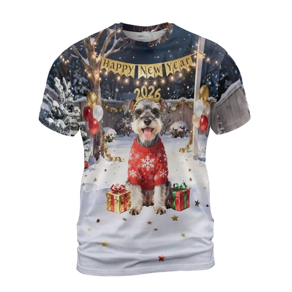 Happy New Year 2026 Schnauzer Holiday Balloons Party Snow All Over Print 3D Shirt Unisex Merch Miniature Schnauzer Dog Lover - 13018