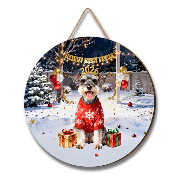 Happy New Year 2026 Schnauzer Holiday Balloons Party Snow Round Wood Sign Miniature Schnauzer Dog Lover Hanging Wall Home Decor - 13018