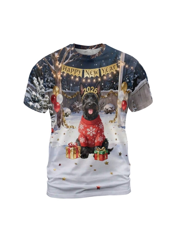 Happy New Year 2026 Scottish Terrier Holiday Balloons Party Snow All Over Print 3D Shirt Unisex Merch Scottie Dog Lover Gifts - 13018