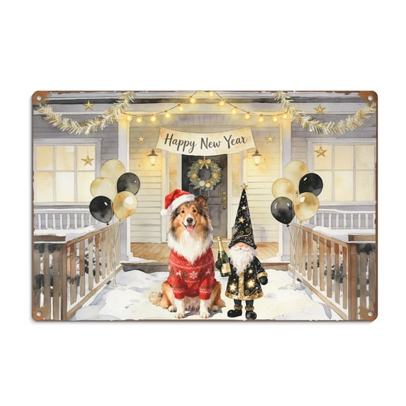 Happy New Year 2026 Shetland Sheepdog Santa Gnome Holiday Party Snow Horizontal Metal Aluminum Sign Sheltie Dog Lover Gifts Wall Art Home Decor - 13019