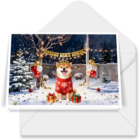 Happy New Year 2026 Shiba Inu Holiday Balloons Party Snow 7x5in Folded Greeting Card Shibas Dog Lovers Gifts Idea Single Note Card with Envelope - 13018