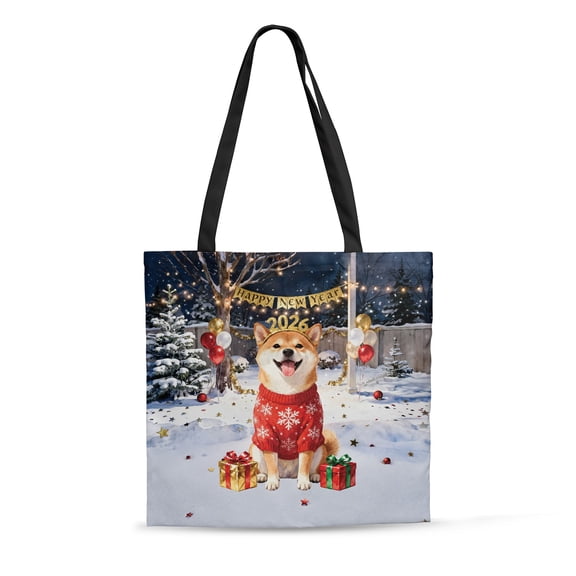 Happy New Year 2026 Shiba Inu Holiday Balloons Party Snow All Over Print 3D Canvas Tote Bag Shibas Dog Lovers Gifts Idea Reusable Handbag - 13018