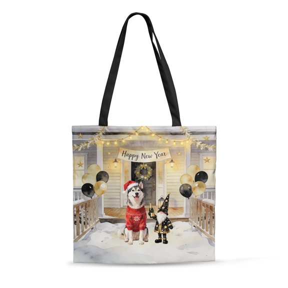 Happy New Year 2026 Siberian Husky Santa Gnome Holiday Party Snow All Over Print 3D Canvas Tote Bag Husky Dog Lover Gifts Reusable Handbag - 13019