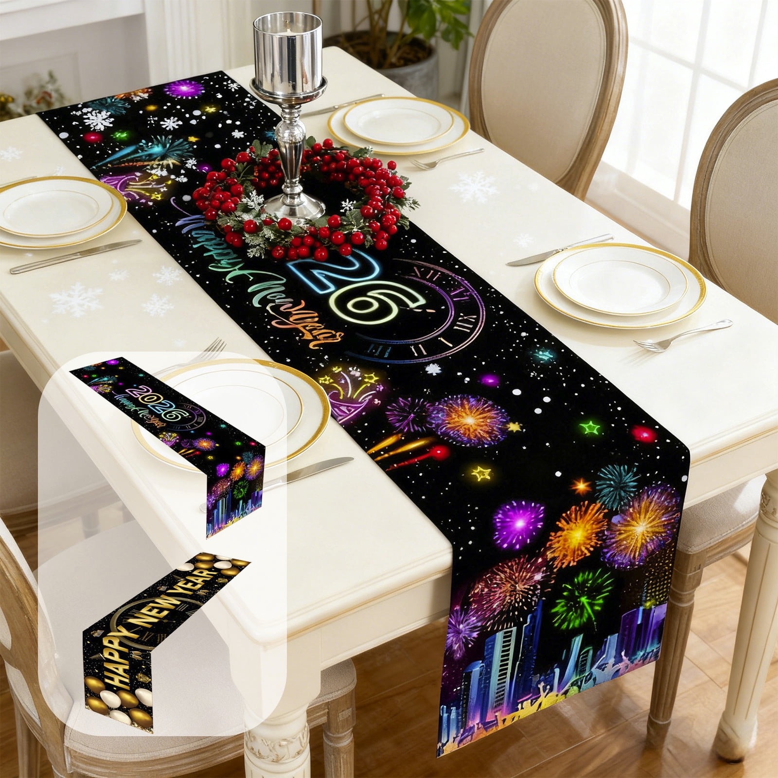 Happy New Year 2026 Table Runner 72.74 Inches Rectangular Colorful ...