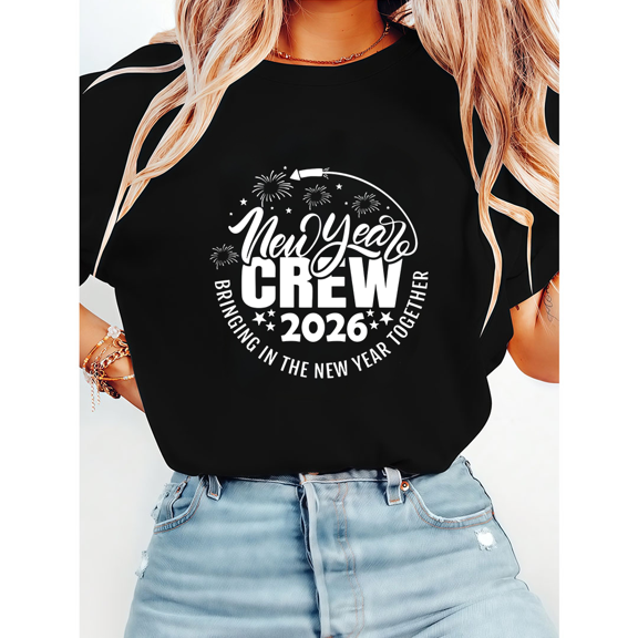 Happy New Year 2026 Tshirts Celebration Graphic Tees Short Sleeve Holiday Shirts Party Apparel Casual Tops for Family Dinner Black,S