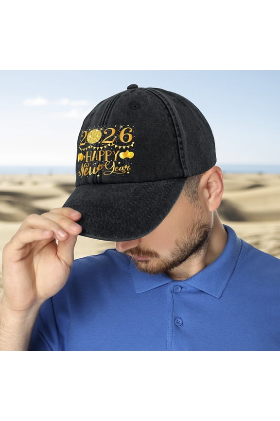 Happy New Year 2026 Washed Baseball Cap Distressed Denim Cotton Dad Hat Adjustable Polo Trucker Unisex Style Hat Black Style 2