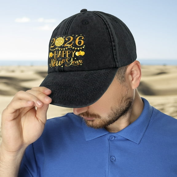 Happy New Year 2026 Washed Baseball Cap Distressed Denim Cotton Dad Hat Adjustable Polo Trucker Unisex Style Hat Black Style 2
