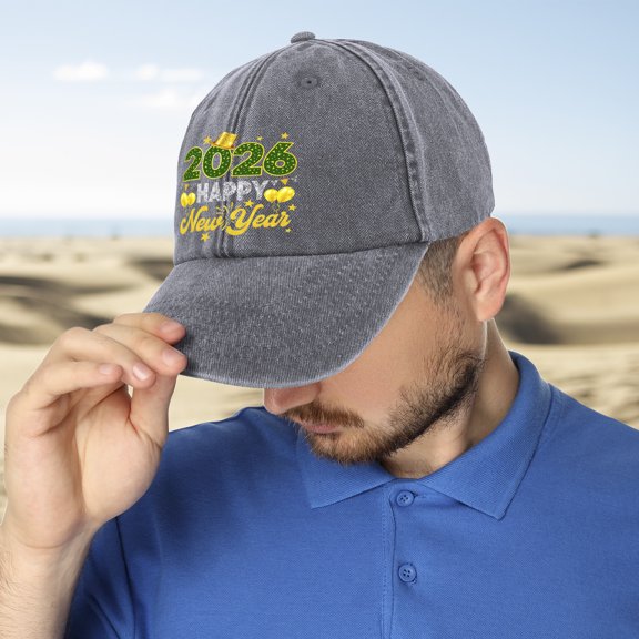 Happy New Year 2026 Washed Baseball Cap Distressed Denim Cotton Dad Hat Adjustable Polo Trucker Unisex Style Hat Grey