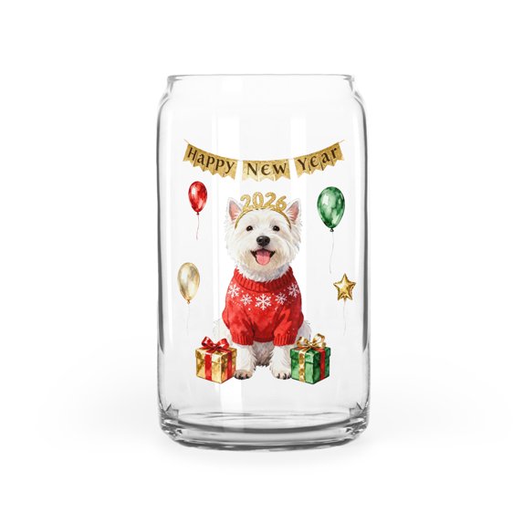 Happy New Year 2026 West Highland White Terrier Holiday Balloons Party Snow 16oz Glass Cup Mug Westie Westy Dog Lover Glass Can - 13018