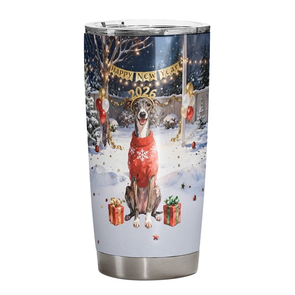 Happy New Year 2026 Whippet Holiday Balloons Party Snow 20oz Stainless Steel Tumbler Insulated Cup with Lid Dog Lover - 13018
