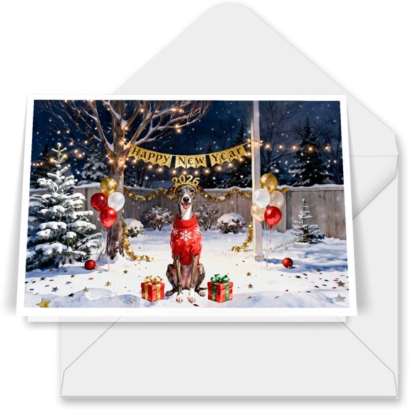 Happy New Year 2026 Whippet Holiday Balloons Party Snow 7x5in Folded Greeting Card Dog Lover Single Note Card with Envelope - 13018