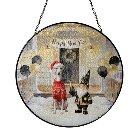 Happy New Year 2026 Whippet Santa Gnome Holiday Party Snow Stained Glass Suncatcher Dog Lover Window Hanging Sign Decor - 13019