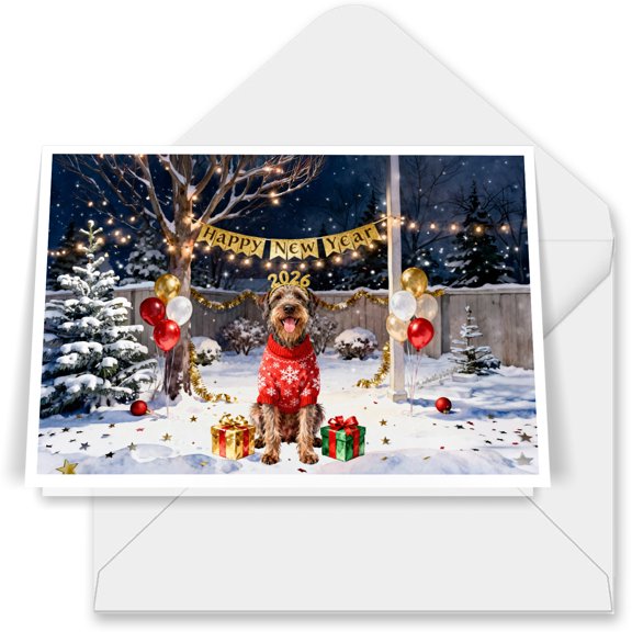 Happy New Year 2026 Wirehaired Pointing Griffon Holiday Balloons Party Snow 7x5in Folded Greeting Card Dog Lover Single Note Card with Envelope - 13018