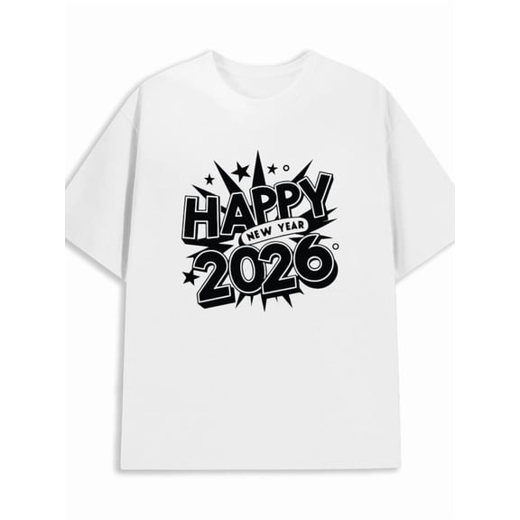 Happy New Year 2026 new year plain t-shirt men's 180G 100% Cotton white Spring and summer outdoor wear New spring and fall printed T-shirts, fashionable and trendy mocha with cat new years gifts