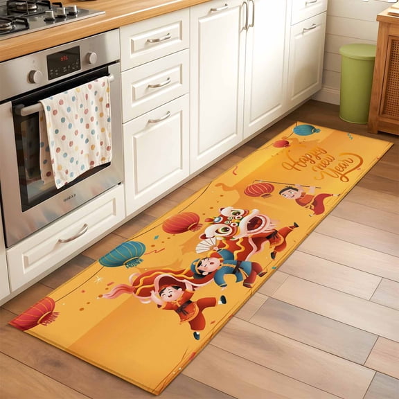 Happy New Year 2x6 Runner Rug for Hallway Walkway Kitchen Galley, Spring Festival Chinese New Year Lion Dance Lanterns Yellow Low Pile Washable Non Slip Long Area Rug